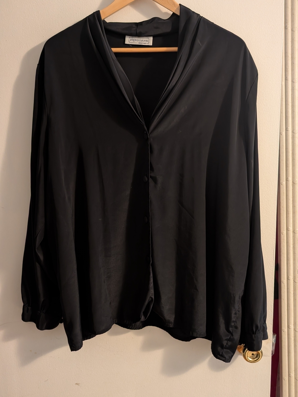 Impressions Black Satin Button-Down Blouse